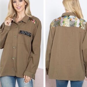 Embroidered olive green Women's shacket